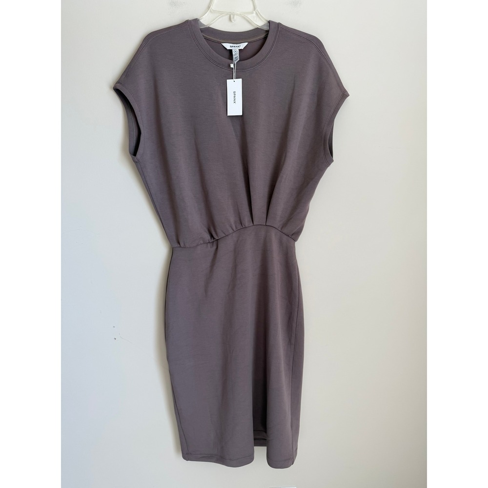 Spanx AirEssentials Pleated Dress Womens Medium Brown Taupe Cap Sleeve NWT